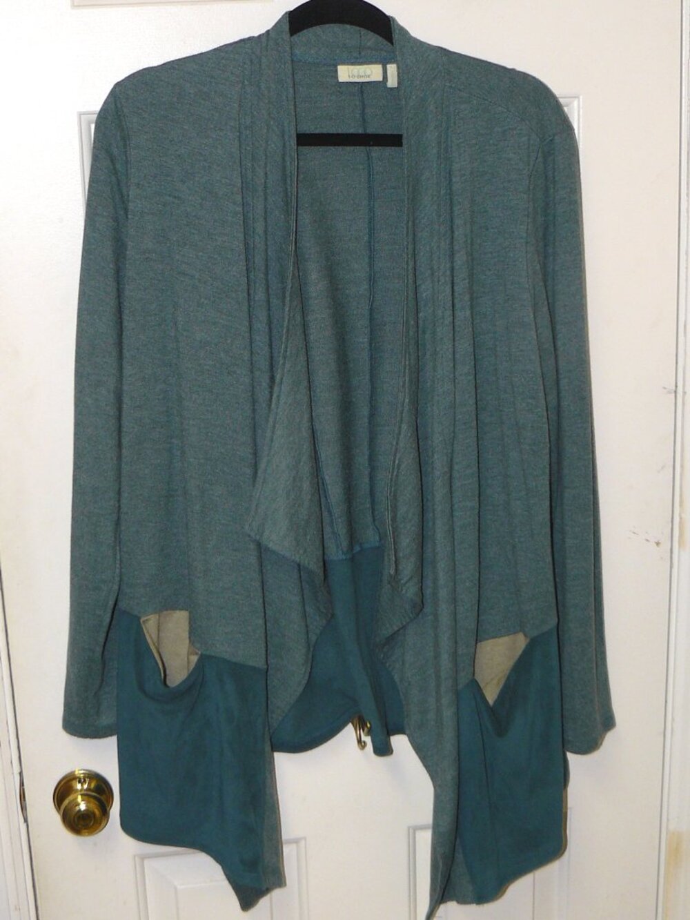 LOGO Lounge Lori Goldstein Green French Terry Cardigan with Faux Suede Hem Sz L